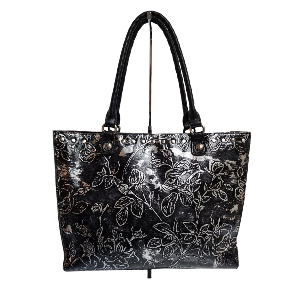 PATRICIA NASH BARK LEAVES ZONCONA  BLACK/SILVER TOOLED TOTE